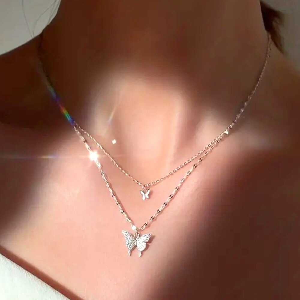 TWO~TIER BUTTERFLY NECKLACE in Silver